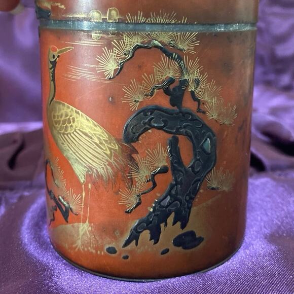 Red Orange Lacquered Asian Japanese Tea Canister Tin Crane FAIR CONDITION READ - Picture 6 of 11